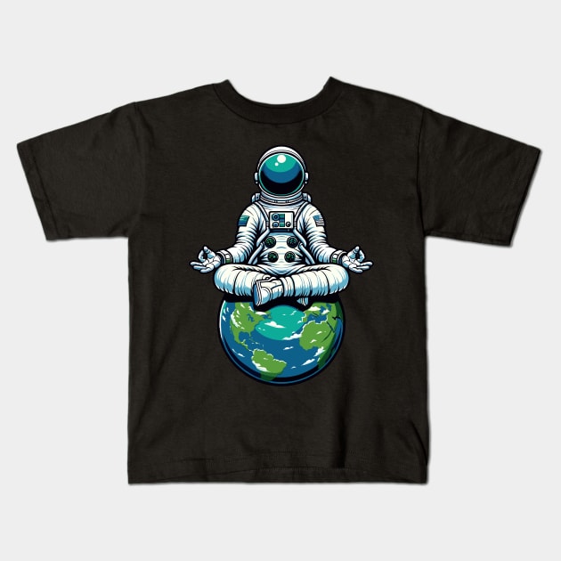 Meditating Astronaut Earth Spaceman Astronomer Cosmos Kids T-Shirt by starryskin